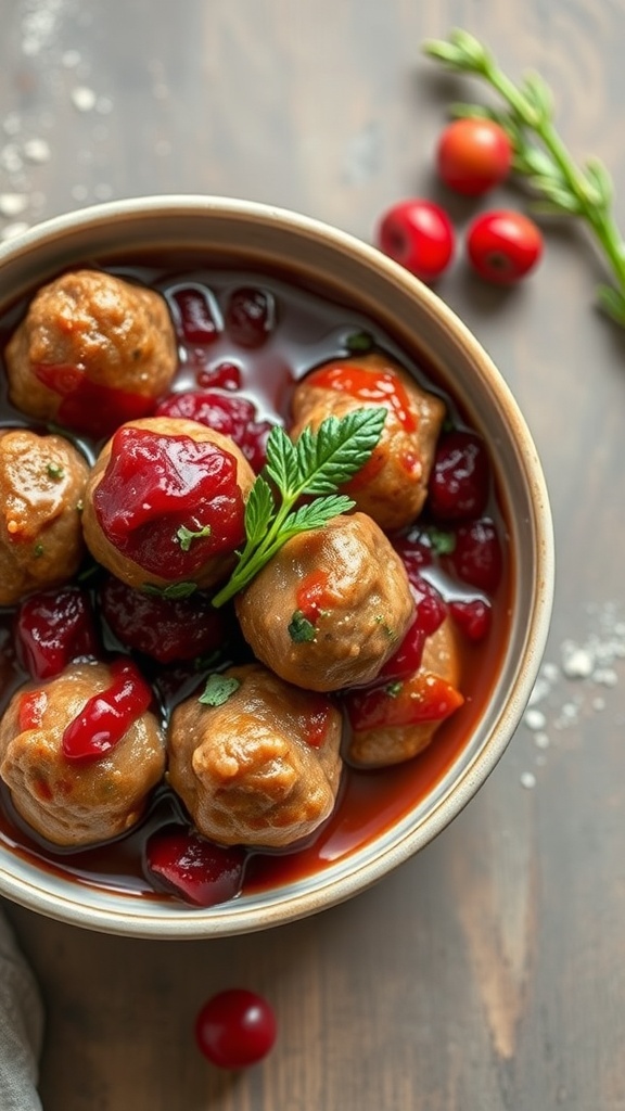 A bowl of savory meatballs in cranberry sauce garnished with parsley.
