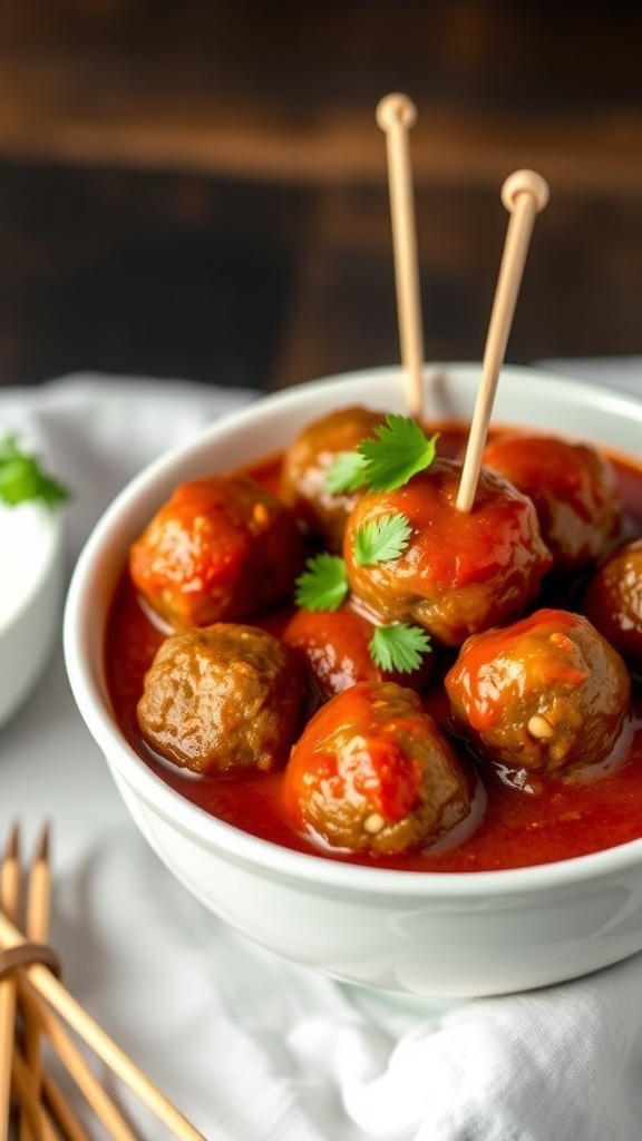 A bowl of savory meatballs in marinara sauce, garnished with cilantro and served with toothpicks.