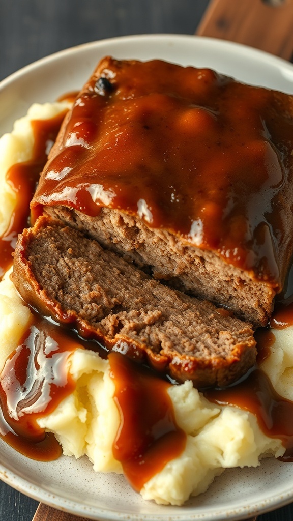 A delicious meatloaf served with gravy on a plate of mashed potatoes.