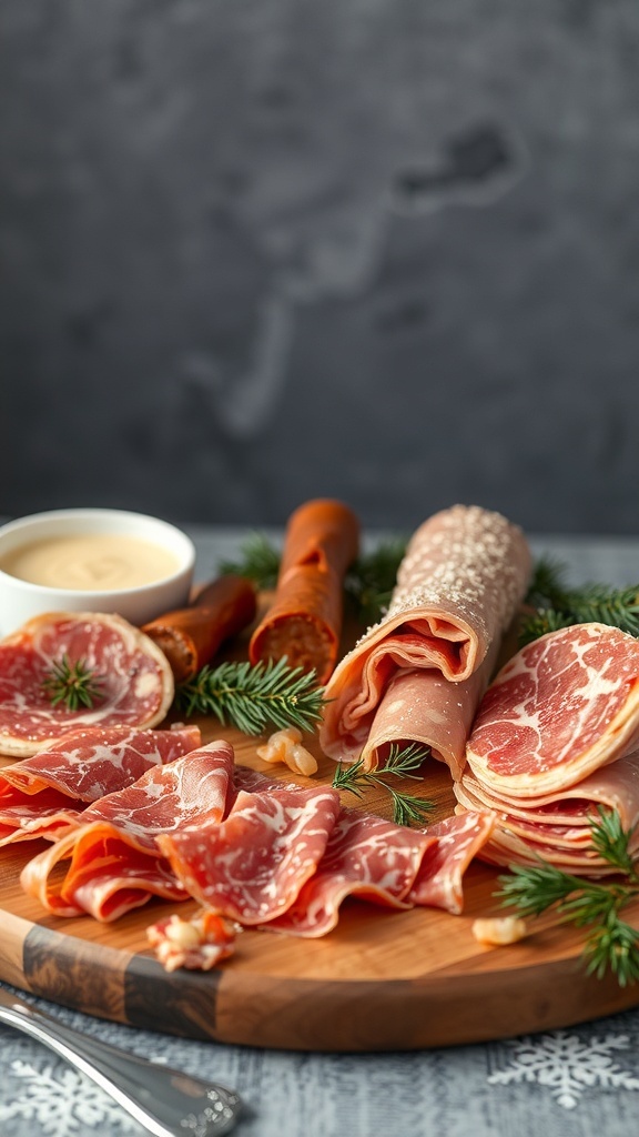 A beautifully arranged charcuterie board featuring various cured meats, cheeses, and a creamy dip.