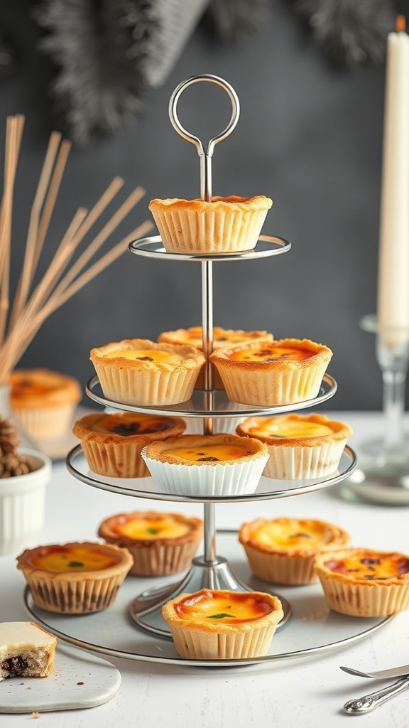 A tiered stand filled with golden-brown mini quiches, showcasing a variety of flavors and ingredients.