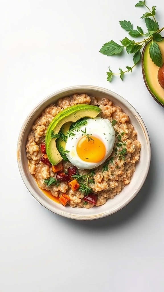 A bowl of savory oatmeal topped with a poached egg, avocado slices, and fresh herbs.