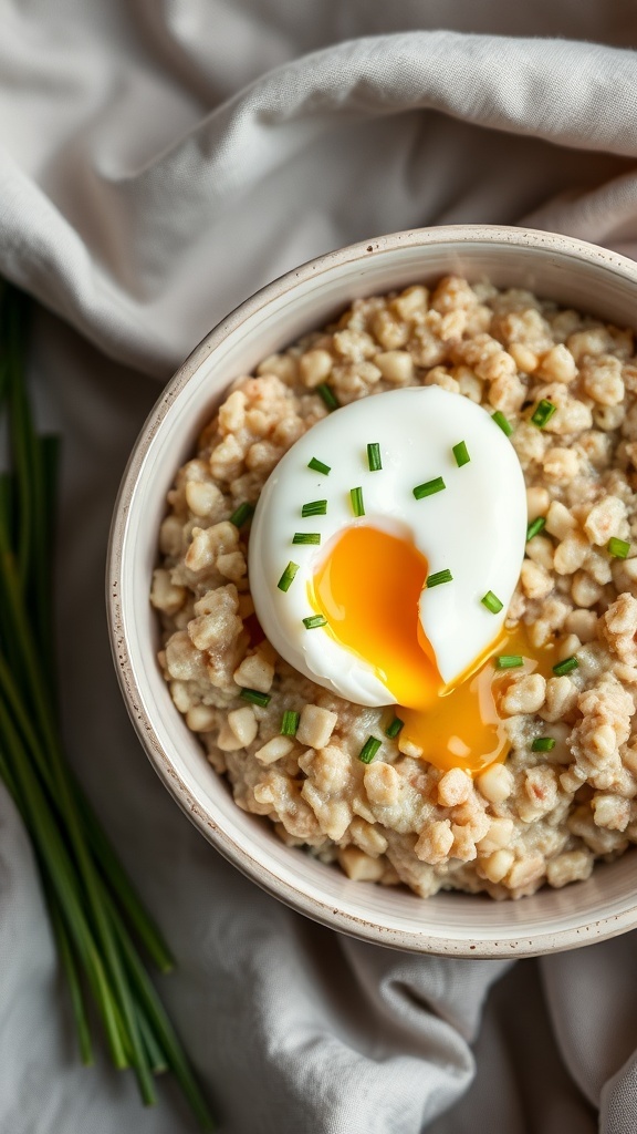 A bowl of savory oatmeal topped with a poached egg and chives.