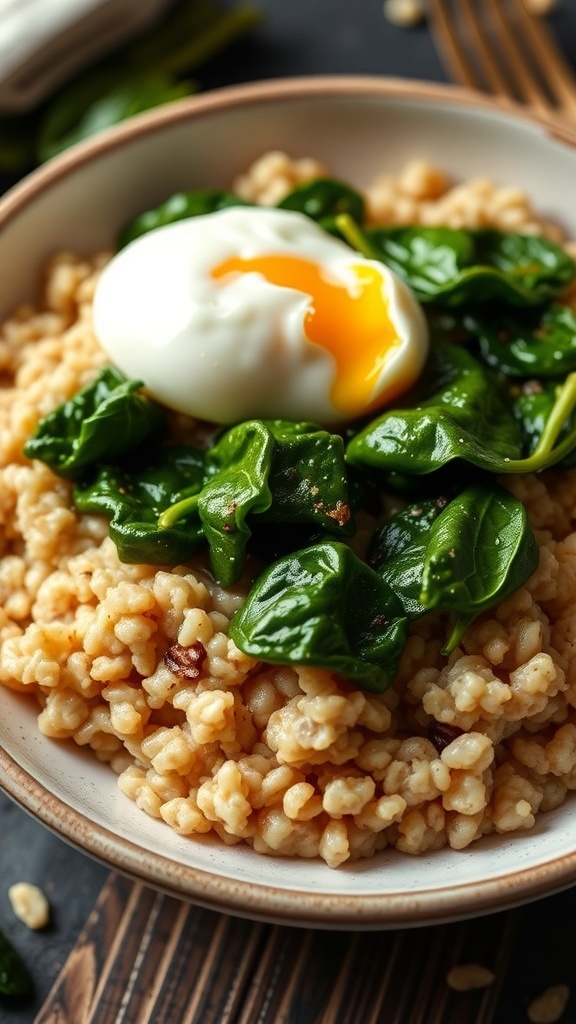 A bowl of savory oatmeal topped with spinach and a poached egg.