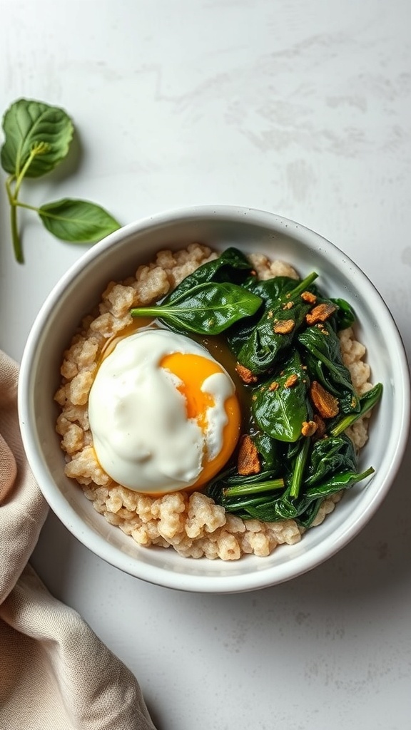 A bowl of savory oatmeal topped with spinach and a poached egg.