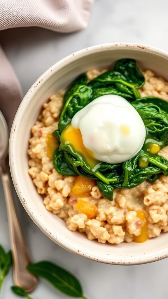 A bowl of savory oatmeal topped with spinach and a poached egg.