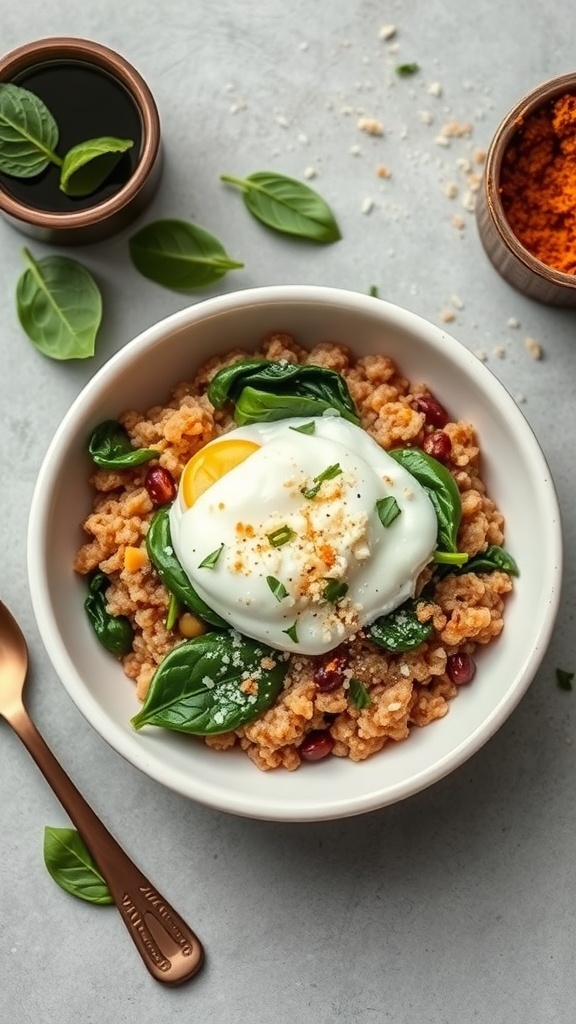 A bowl of savory oatmeal topped with spinach and a poached egg, garnished with cheese and herbs.