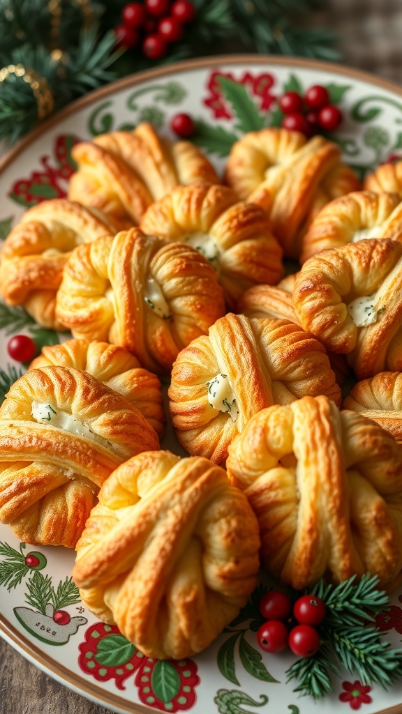 A plate of savory palmiers with cheese, decorated with holiday greenery and red berries.