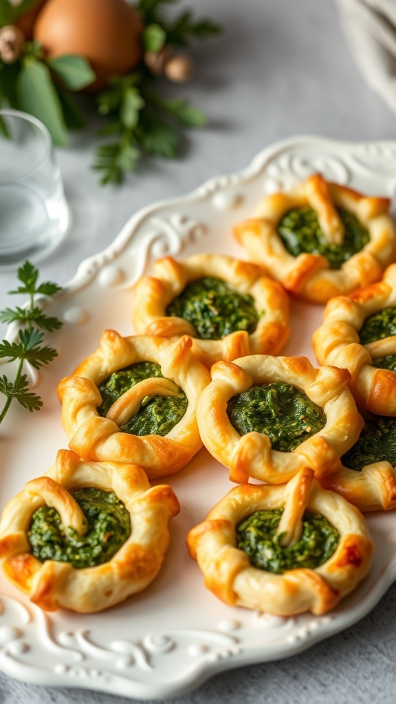 Savory palmiers with pesto on a decorative plate, garnished with fresh herbs.