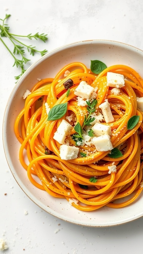 A bowl of spaghetti with pumpkin sauce and ricotta cheese, garnished with fresh herbs.