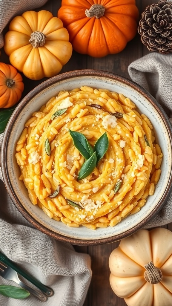 A bowl of creamy pumpkin and sage risotto surrounded by decorative pumpkins and pine cones.