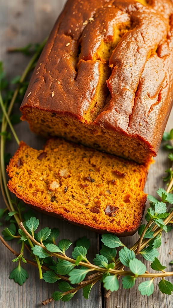 A loaf of savory pumpkin bread with a slice cut out, surrounded by fresh herbs.