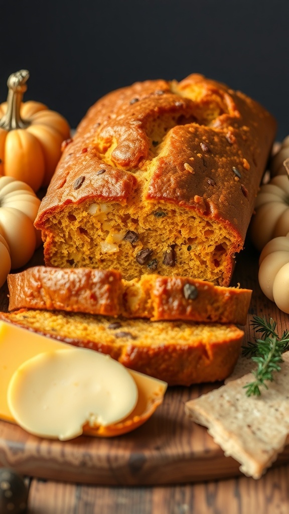 Savory pumpkin bread with cheese, sliced and served with decorative pumpkins.