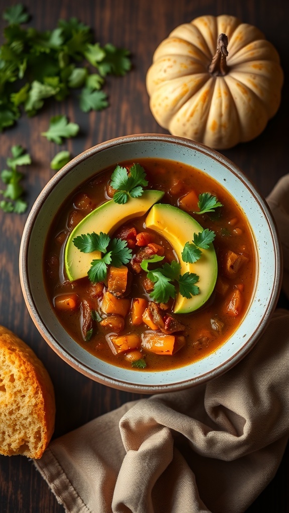 A bowl of savory pumpkin chili garnished with avocado slices and cilantro, with a piece of bread and a small pumpkin in the background.