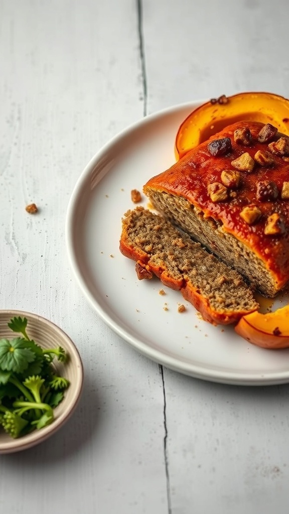 A slice of savory pumpkin meatloaf on a plate with pumpkin slices and cilantro on the side.