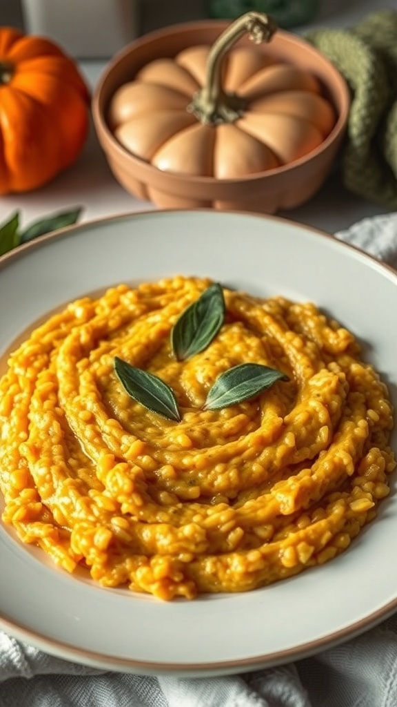 A plate of creamy pumpkin risotto garnished with sage leaves, surrounded by decorative pumpkins.