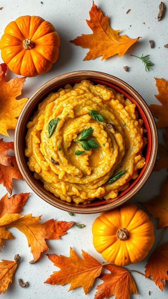 A bowl of creamy pumpkin risotto surrounded by autumn leaves and small pumpkins.