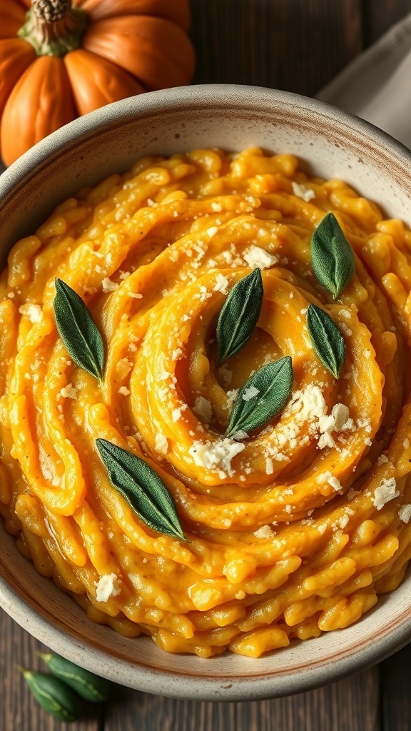 A bowl of creamy pumpkin risotto topped with sage leaves and Parmesan cheese, with a pumpkin in the background.