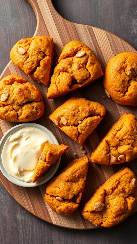 Savory pumpkin scones on a wooden board with a bowl of cream.