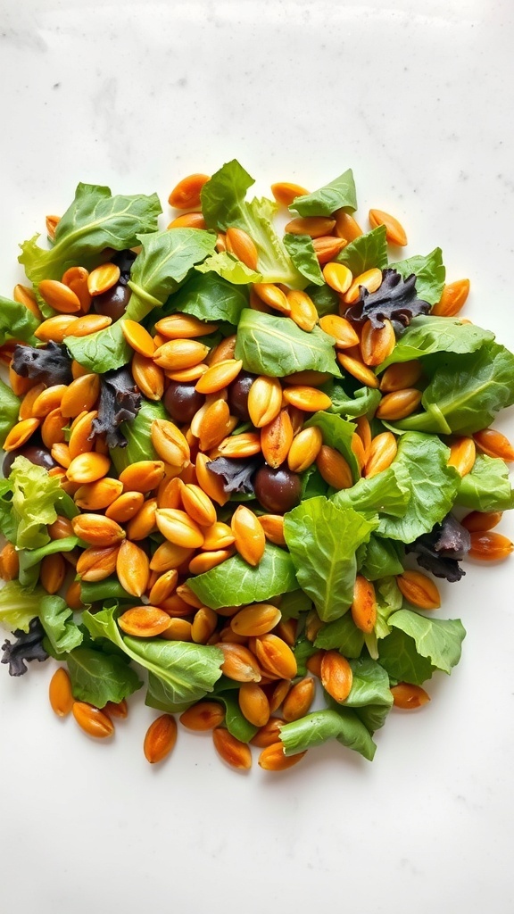 A colorful salad with mixed greens and roasted pumpkin seeds.