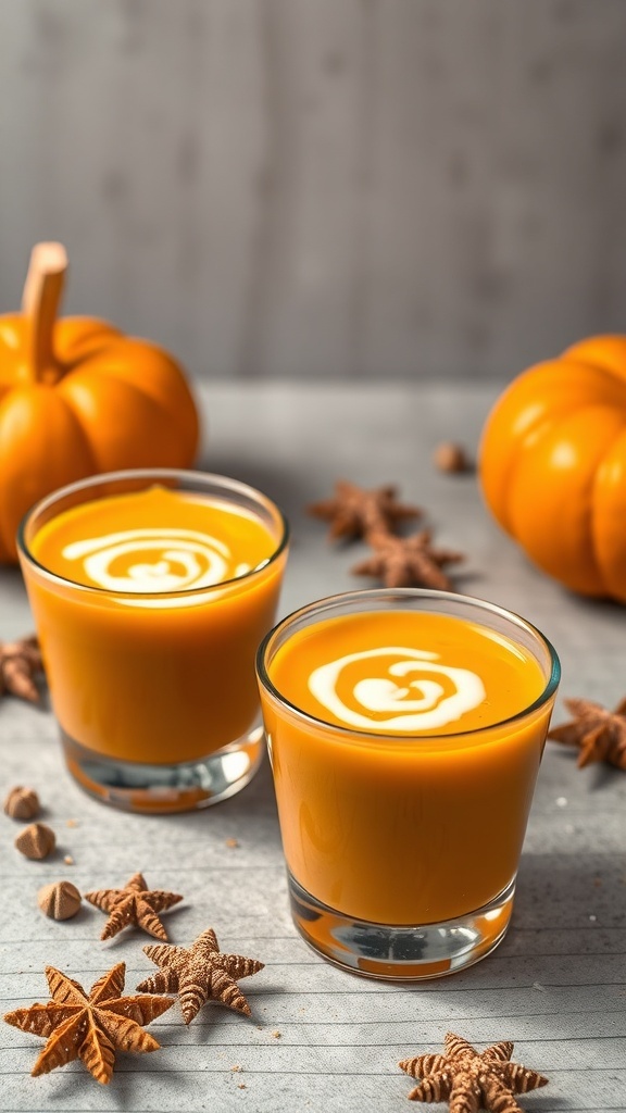Savory pumpkin soup shooters with a swirl of cream, surrounded by pumpkins and star anise.