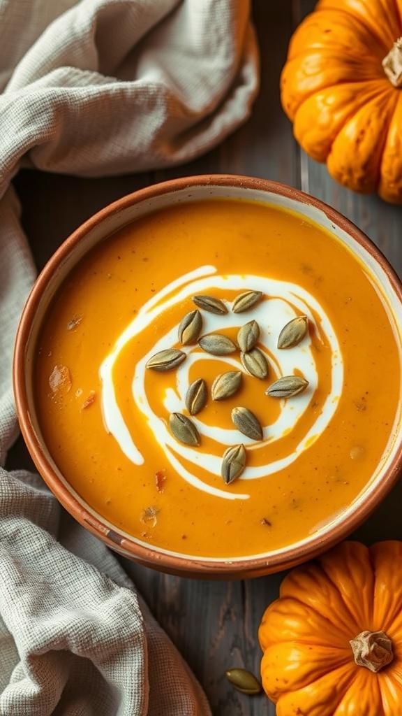 A bowl of savory pumpkin soup garnished with cream and pumpkin seeds, surrounded by fresh pumpkins.