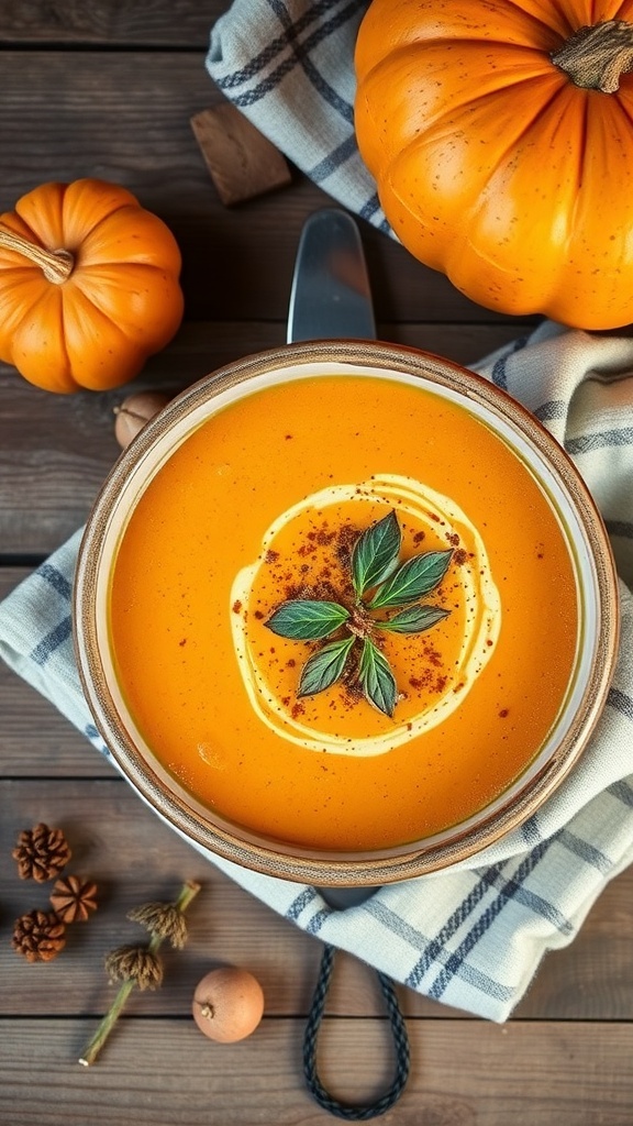A bowl of creamy pumpkin soup garnished with herbs, surrounded by small pumpkins and spices on a wooden table.