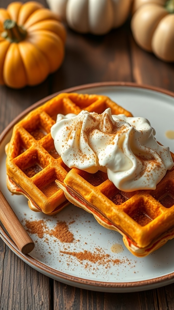 Savory pumpkin spice waffles topped with whipped cream and cinnamon, with pumpkins in the background.