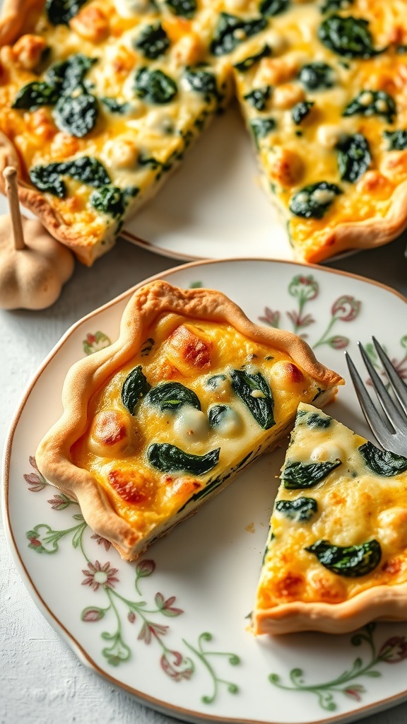 Savory quiche slices with spinach and cheese on a decorative plate.