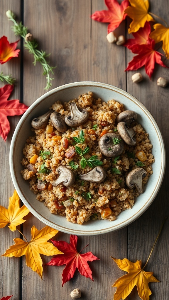 A bowl of savory quinoa and mushroom stuffing surrounded by autumn leaves.