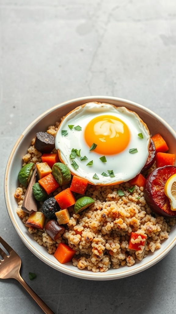 A savory quinoa breakfast bowl with vegetables and a fried egg on top.