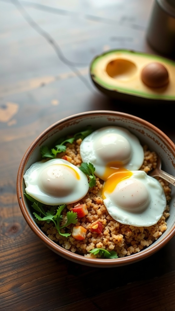A bowl of quinoa topped with three sunny-side-up eggs, diced tomatoes, and fresh cilantro, with an avocado on the side.