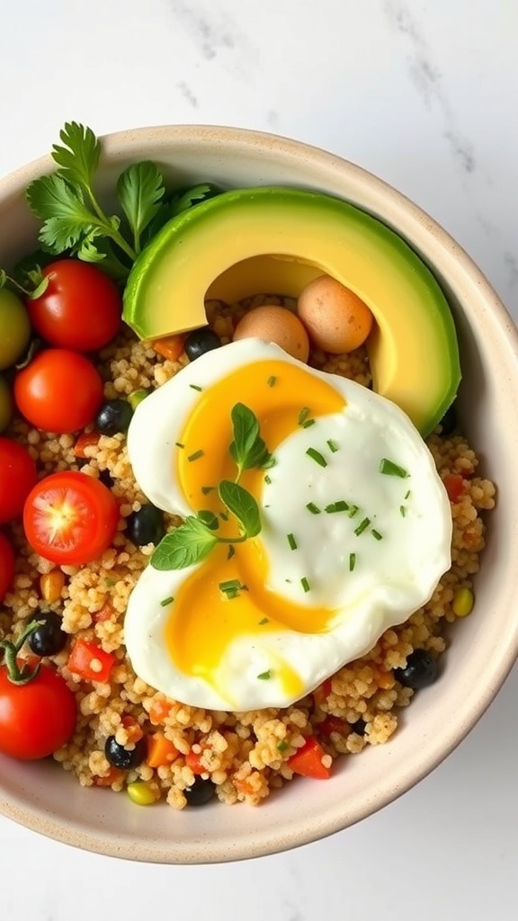 A savory quinoa breakfast bowl with poached eggs, cherry tomatoes, avocado, and black beans.