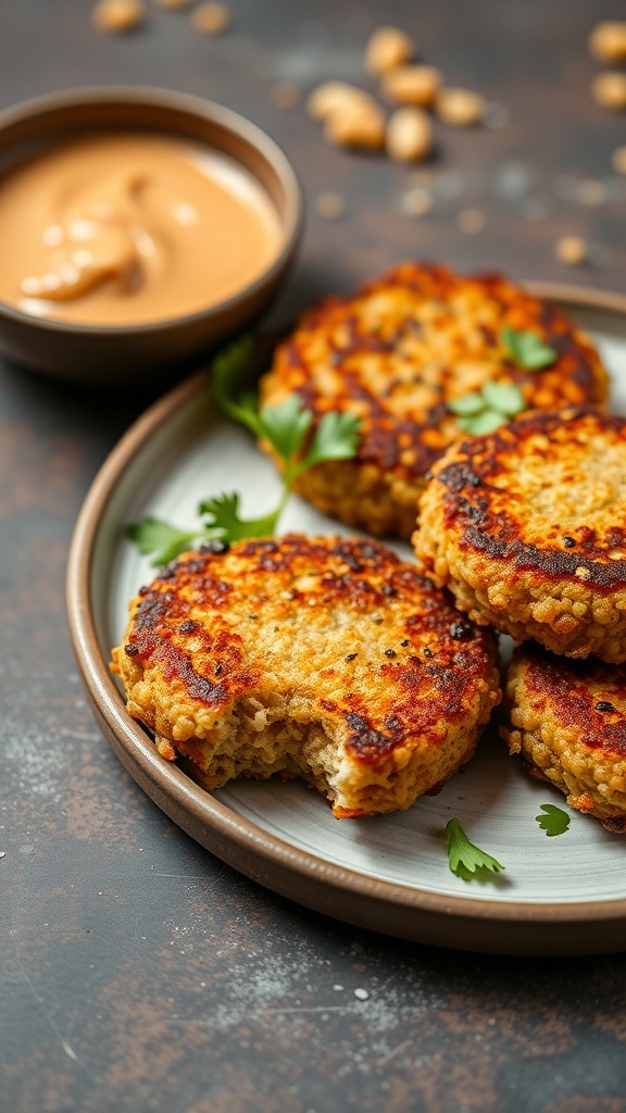 A plate of golden-brown quinoa cakes with a side of peanut sauce.