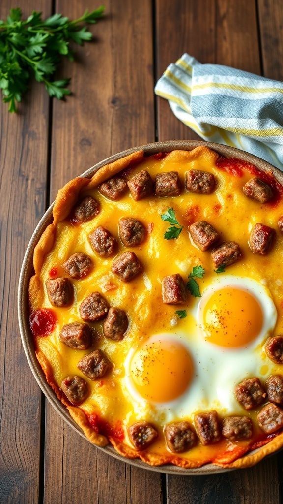 A savory sausage and egg breakfast casserole topped with sausage pieces and eggs, garnished with parsley.