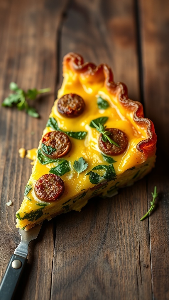 A slice of savory sausage and spinach frittata on a wooden table.