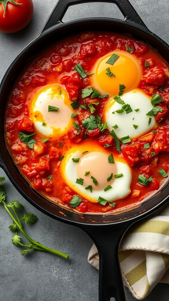 A skillet filled with shakshuka, featuring poached eggs in a spiced tomato sauce, garnished with cilantro.