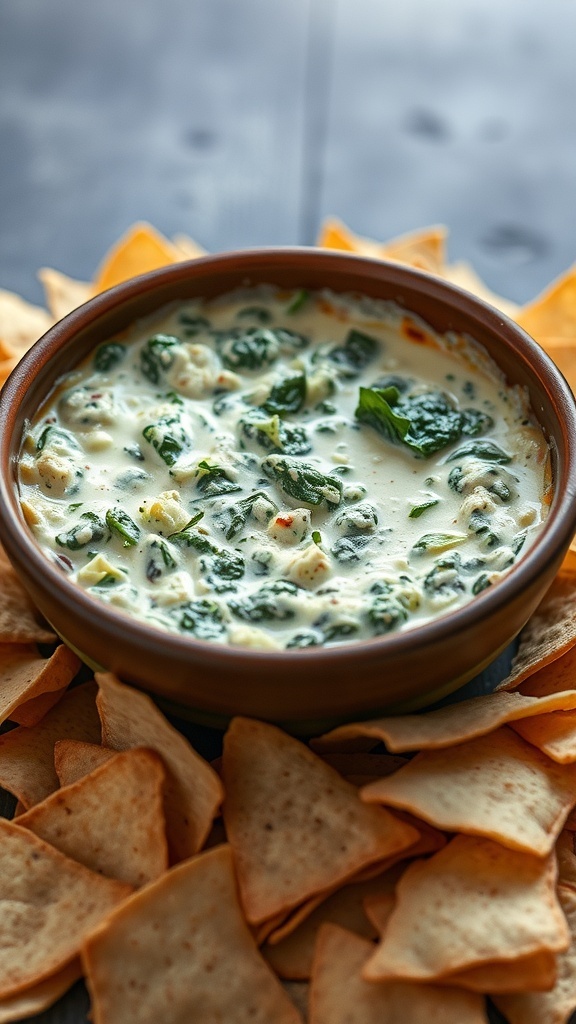 A bowl of creamy spinach and artichoke dip surrounded by tortilla chips.