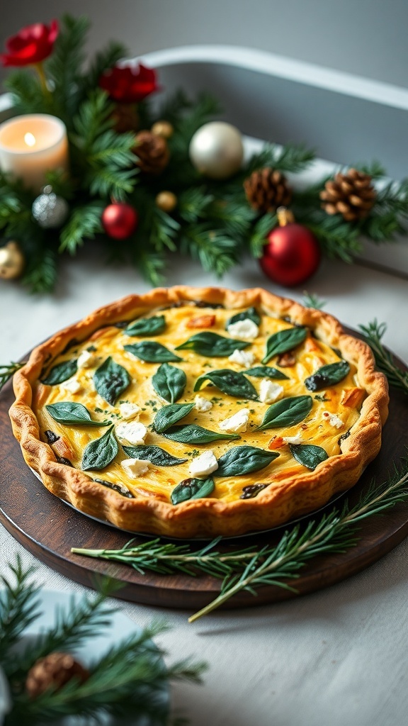 A savory spinach and feta quiche garnished with basil leaves, surrounded by festive decorations.