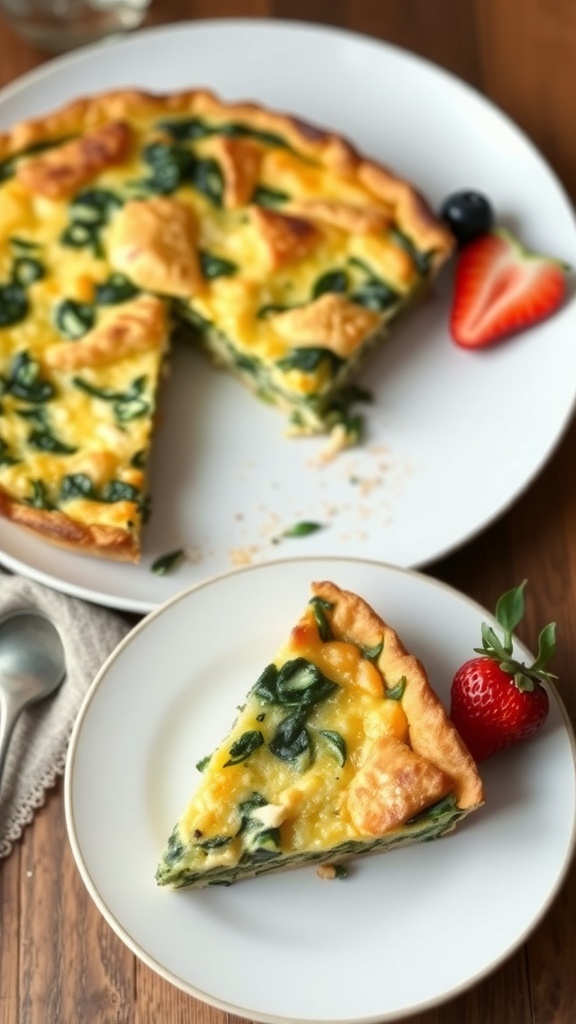 A slice of savory spinach and feta strata on a plate, garnished with strawberries and blueberries.