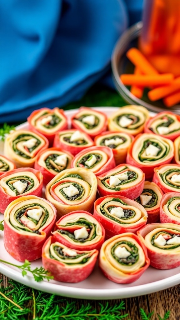 Savory Spinach Feta Pinwheels arranged on a platter with fresh ingredients in the background