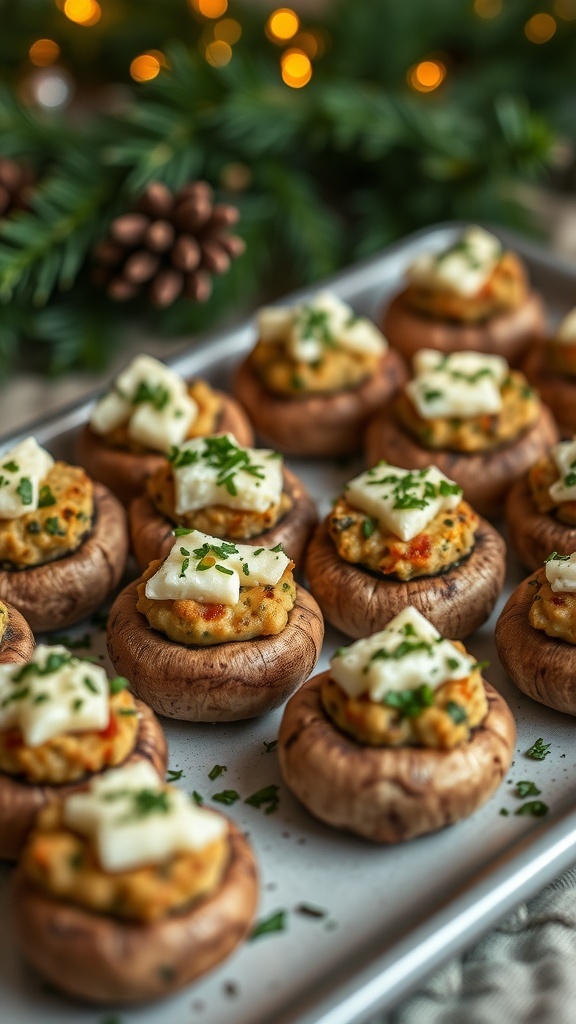 A platter of savory stuffed mushrooms topped with herbs.