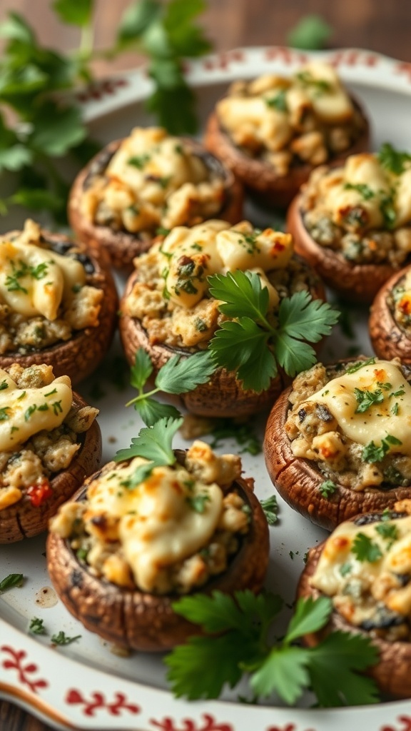 A platter of savory stuffed mushrooms topped with creamy filling and garnished with parsley.