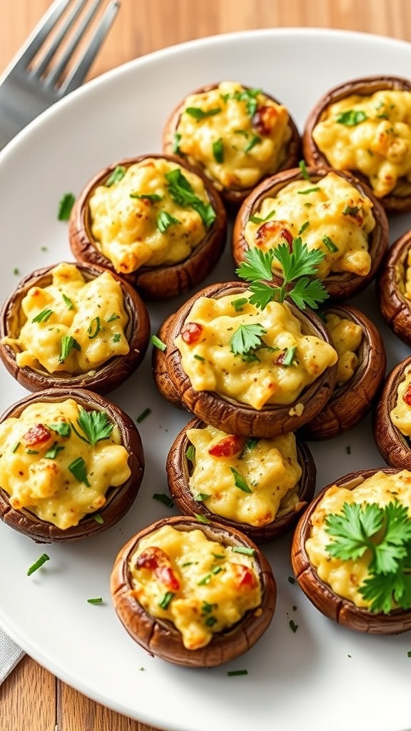 A plate of savory stuffed mushrooms topped with herbs