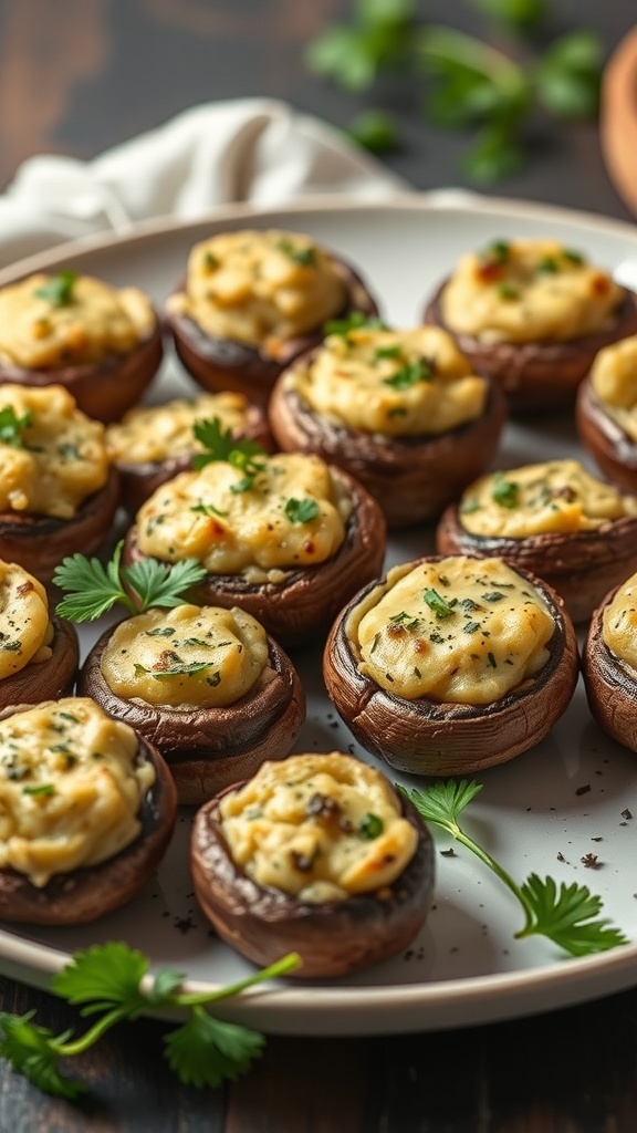A plate of savory stuffed mushrooms topped with herbs.
