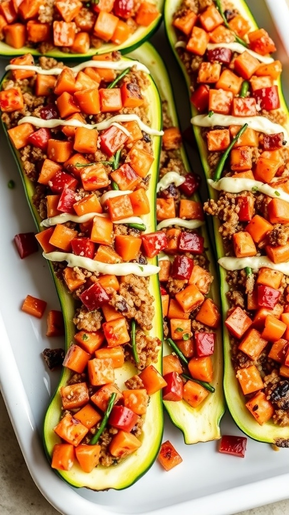 Stuffed zucchini boats filled with colorful diced vegetables and topped with sauce.