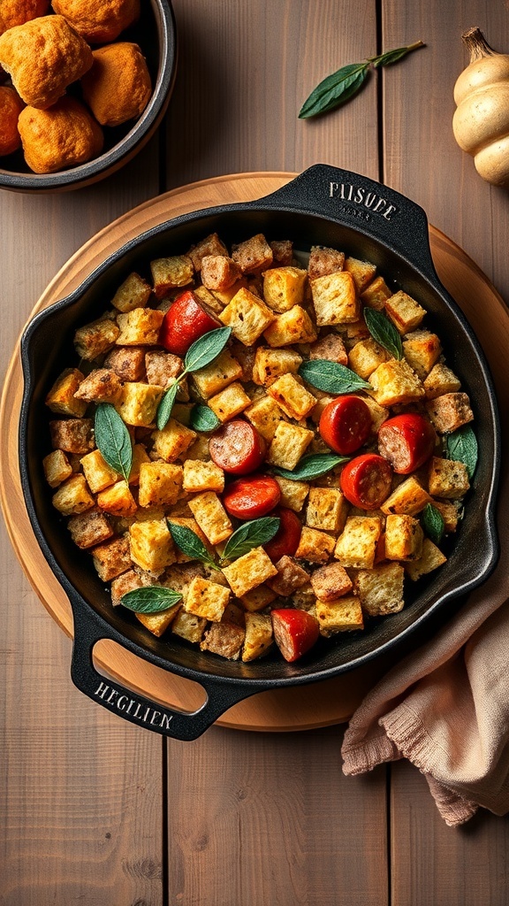 Savory stuffing with sage and sausage in a cast iron skillet, garnished with tomatoes and sage leaves.