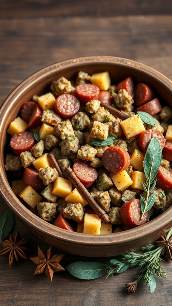 A bowl of savory stuffing with sausage, cheese, and herbs, garnished with sage leaves.