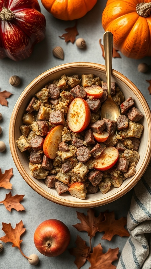 A bowl of savory stuffing with sausage and apples, surrounded by autumn decorations.