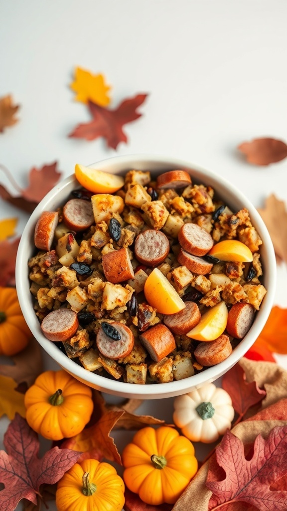 A bowl of savory stuffing with sausage and apples, surrounded by autumn leaves and mini pumpkins.